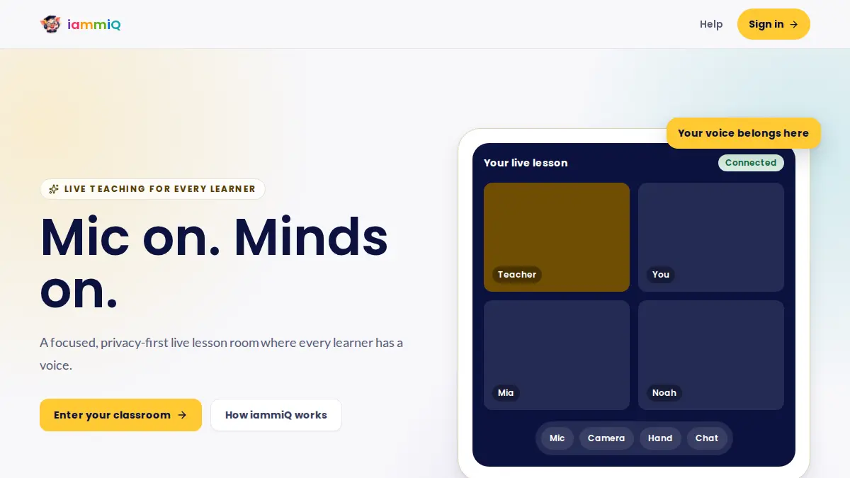 iammiQ home page with a live lesson room preview