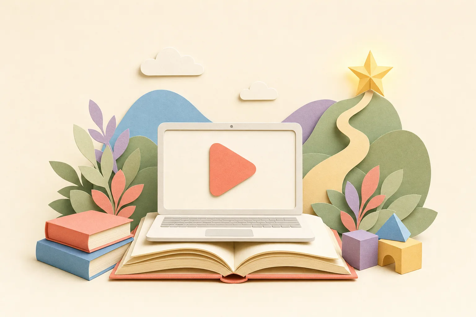 A paper-cut laptop showing a play button, resting on an open book among paper hills
